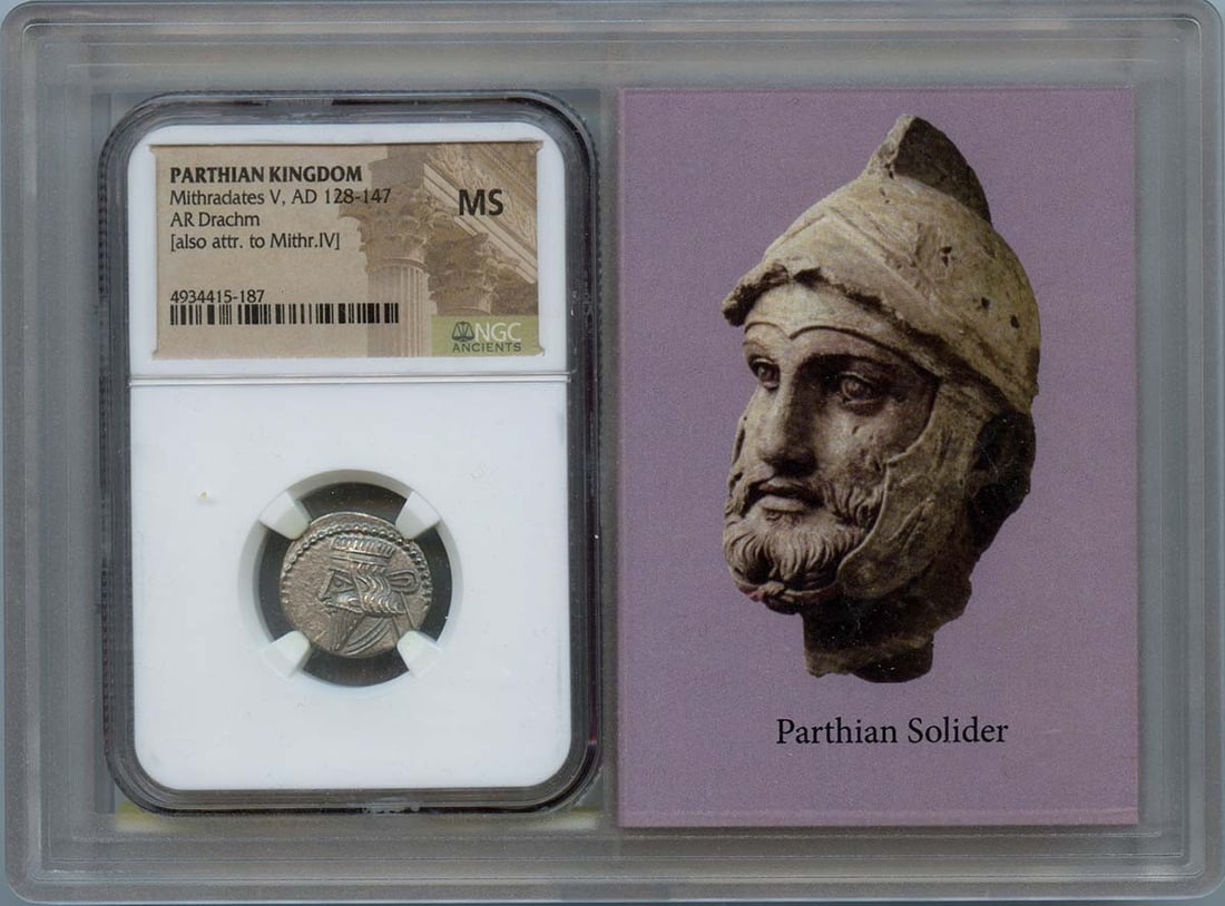 Mithradates V 128-147 Parthian AR Drachm NGC MS60 Story Vault: Mithradates V 128-147 Parthian AR Drachm NGC MS60 Story Vault A stunning example of Parthian currency, the Mithradates V AR Drachm boasts exceptional detail and luster, earning it an impressive NGC