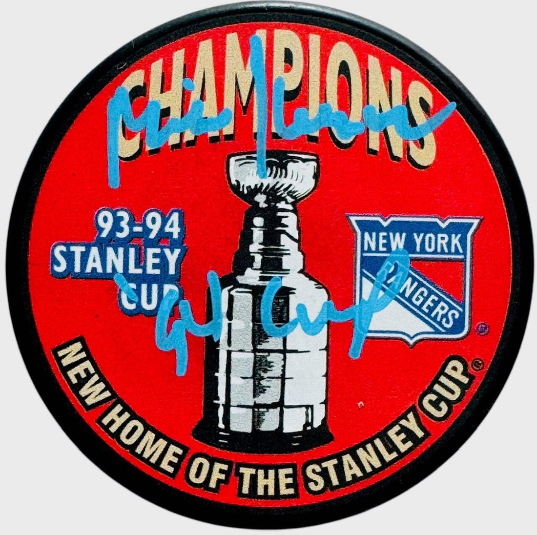 Authentication) Mike Keenan Autographed Rangers 93-94 Champions Logo Puck (Cx (1 of 4)