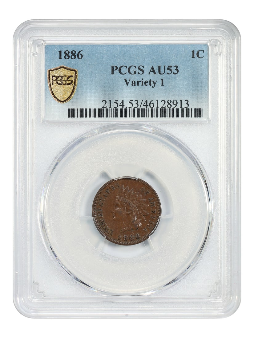 1886 1C PCGS AU53 (Variety 1) - Indian Cent Better Date: 1886 1C PCGS AU53 (Variety 1) - Indian Cent Better Date Experience the rich history of the Indian Cent with this 1886 1C PCGS AU53, featuring a rare Better Date variant and certified by the renowned