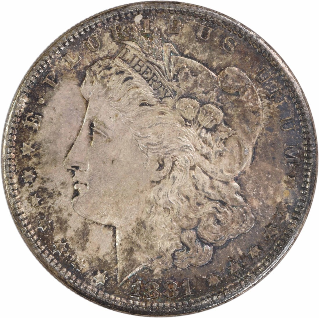 Uncertified 1881-S Morgan Silver Dollar Choice BU Toned: Uncertified 1881-S Morgan Silver Dollar Choice BU Toned A rare and highly sought-after 1881-S Morgan Silver Dollar, certified as Choice BU Toned, is up for auction. This uncirculated coin boasts a ric