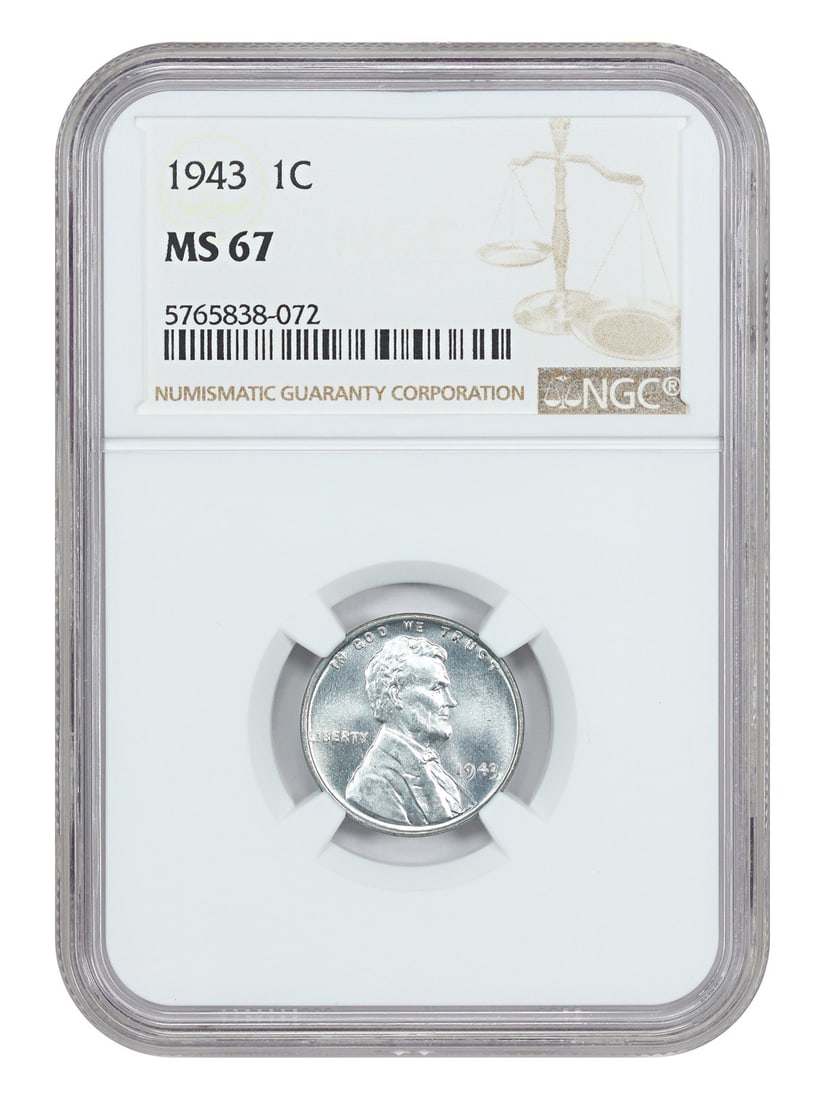 1943 Steel Cent (WW2) MS67 Lincoln Cent with Wheat Reverse: 1943 Steel Cent (WW2) MS67 Lincoln Cent with Wheat Reverse Rarity and condition make this 1943 Steel Cent shine, with its MS67 grade and Wheat Reverse design making it a true gem for collectors of the