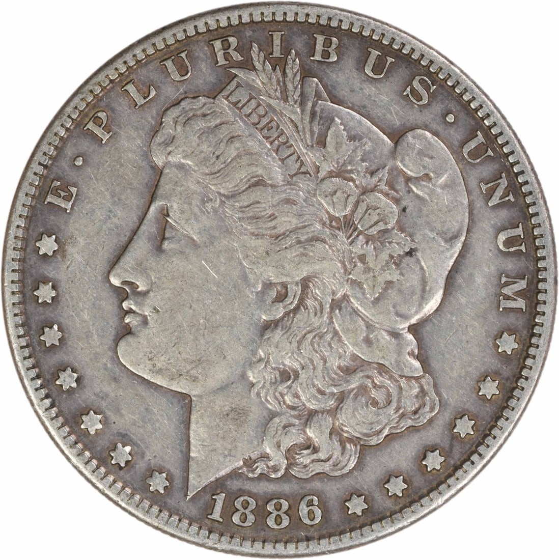 Uncertified 1886-S Morgan Silver Dollar EF: Uncertified 1886-S Morgan Silver Dollar EF A rare and highly sought-after 1886-S Morgan Silver Dollar, certified as EF (Extremely Fine) in circulated condition, boasts the iconic San Francisco mint ma