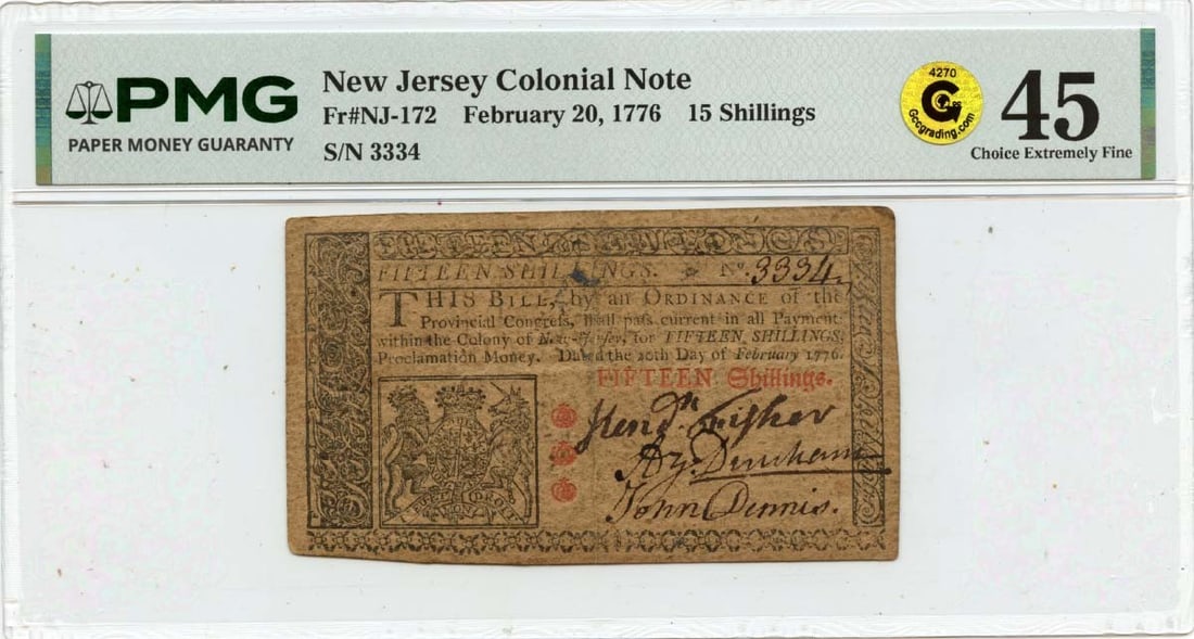 15s New Jersey Colonial Note FR#NJ-172 PMG XF45 GCC Gold - 1776 February 20: 15s New Jersey Colonial Note FR#NJ-172 PMG XF45 GCC Gold - 1776 February 20 Experience the rich history of America's first banknote with this 15s New Jersey Colonial Note, graded XF45 by PMG. Issued i