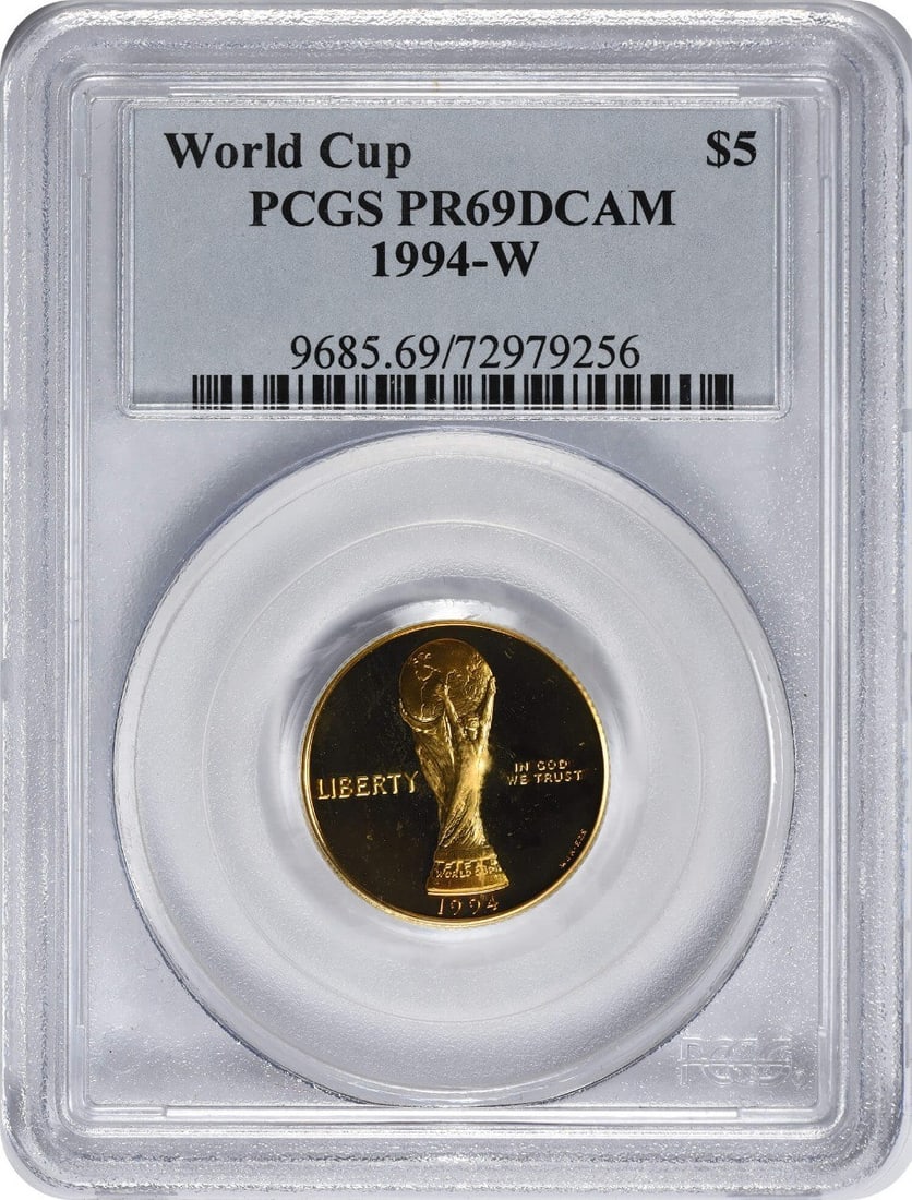 PCGS 1994-W World Cup $5 Gold Five Dollar Proof Commemorative PR69DCAM: PCGS 1994-W World Cup $5 Gold Five Dollar Proof Commemorative PR69DCAM Experience the rare beauty of the 1994-W World Cup $5 Gold Five Dollar Proof Commemorative, graded PR69DCAM by PCGS. This stunnin