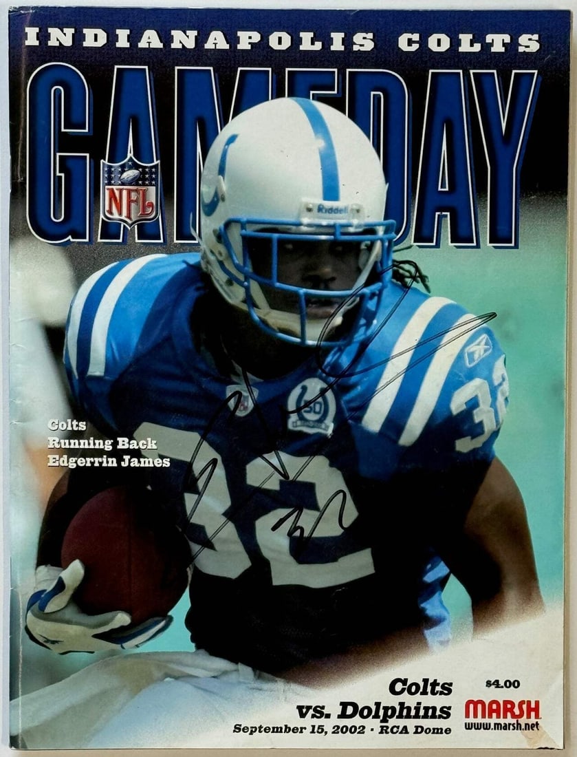 2002 Edgerrin James Autographed Indianapolis Colts Gameday Program September 15: 2002 Edgerrin James Autographed Indianapolis Colts Gameday Program September 15 Get ready to relive the excitement of 2002 Colts football with this autographed gameday program featuring Edgerrin James