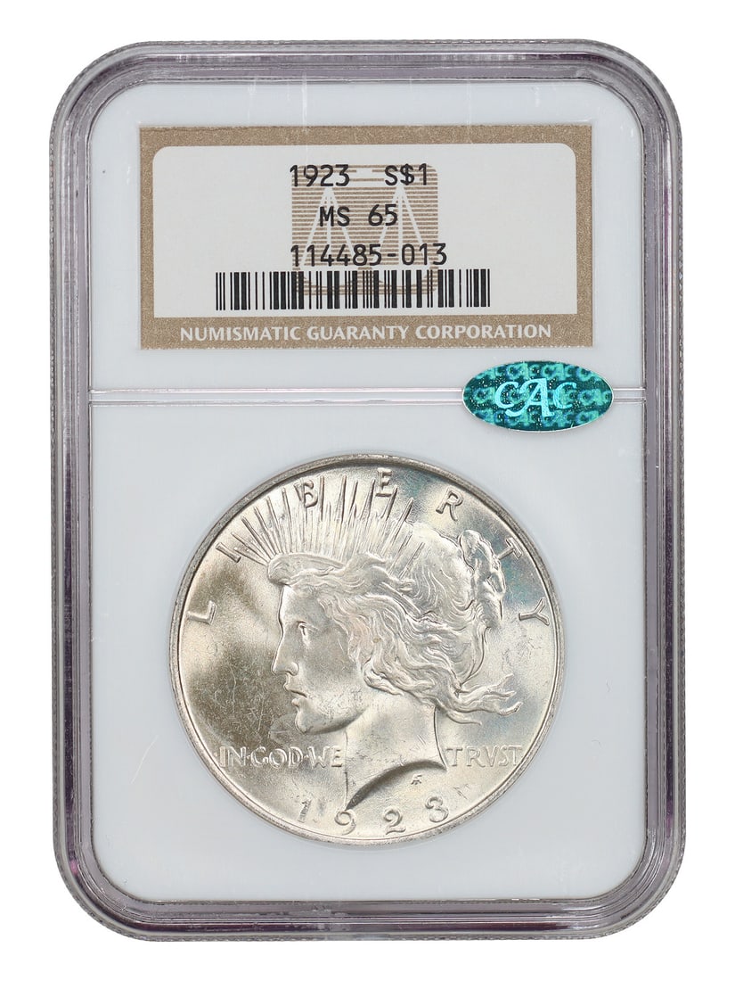 Peace Dollar - 1923 $1 NGC/ CAC MS65: Peace Dollar - 1923 $1 NGC/ CAC MS65 A rare and highly graded 1923 Peace Dollar, certified by NGC as MS65, is up for auction. This uncirculated coin boasts exceptional condition, with its high grade r