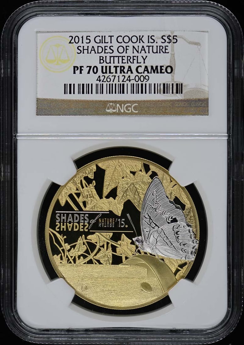 PR70DCAM 2015 GILT COOK IS. BUTTERFLY S$5 NGC: PR70DCAM 2015 GILT COOK IS. BUTTERFLY S$5 NGC A stunning 2015 Gilt Cook Is. Butterfly, graded PR70DCAM by the NGC, boasts unparalleled shine and luster in uncirculated condition. This highly sought-af
