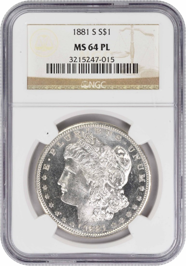 NGC 1881-S Morgan Silver Dollar MS64PL: NGC 1881-S Morgan Silver Dollar MS64PL A rare and highly sought-after 1881-S Morgan Silver Dollar, graded MS64 by the NGC, boasts stunning luster and exceptional condition, making it a true treasure f