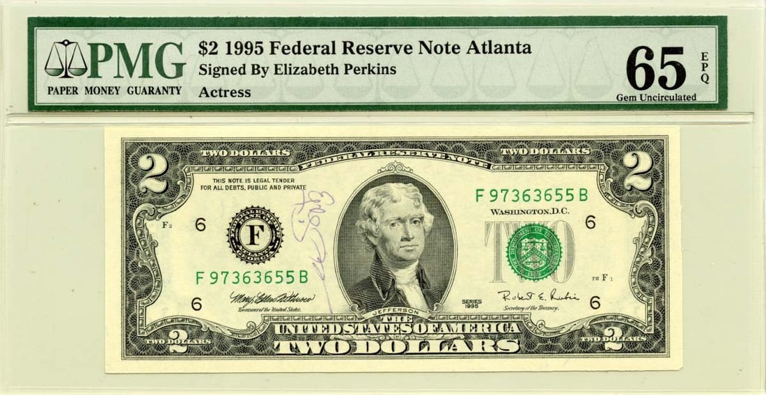 EPQ 1995 $2 FRN Atlanta GA Signed Actress Elizabeth Perkins FR#1936-F PMG Gem65: EPQ 1995 $2 FRN Atlanta GA Signed Actress Elizabeth Perkins FR#1936-F PMG Gem65 Rarely do we come across a $2 Federal Reserve Note from 1995 with the added prestige of being signed by actress Elizabet