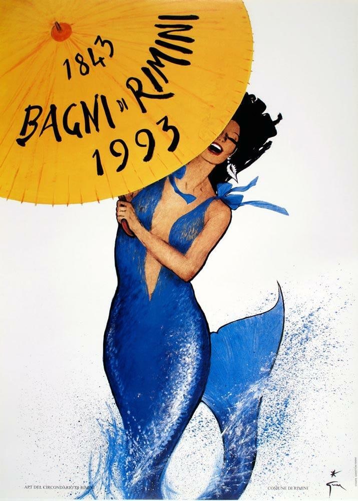 1993 Rimini Rene Gruau Mermaid Original Italian Travel Poster From: 1993 Rimini Rene Gruau Mermaid Original Italian Travel Poster From Experience the allure of Italy's Amalfi Coast with this stunning 1993 original travel poster by renowned artist Rene Gruau, showcasin
