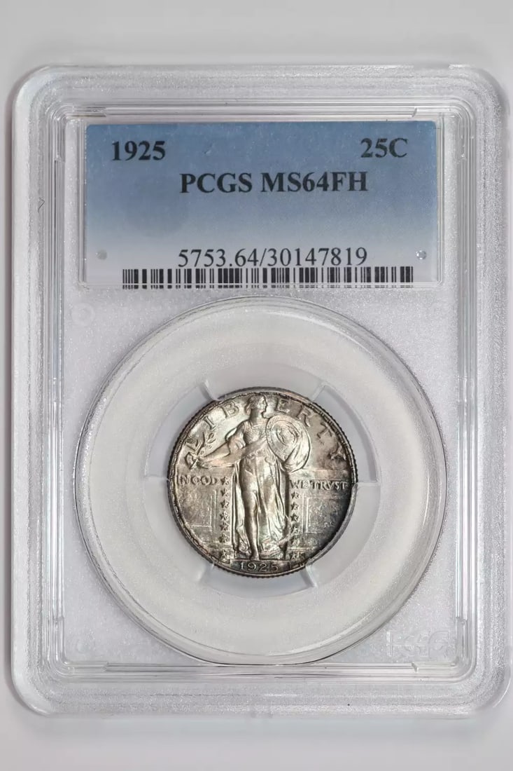 Standing Liberty Quarter (1925) PCGS MS64 FH: Standing Liberty Quarter (1925) PCGS MS64 FH A stunning example of American numismatics, the 1925 Standing Liberty Quarter boasts exceptional detail and luster in its MS64 grade, showcasing the iconic