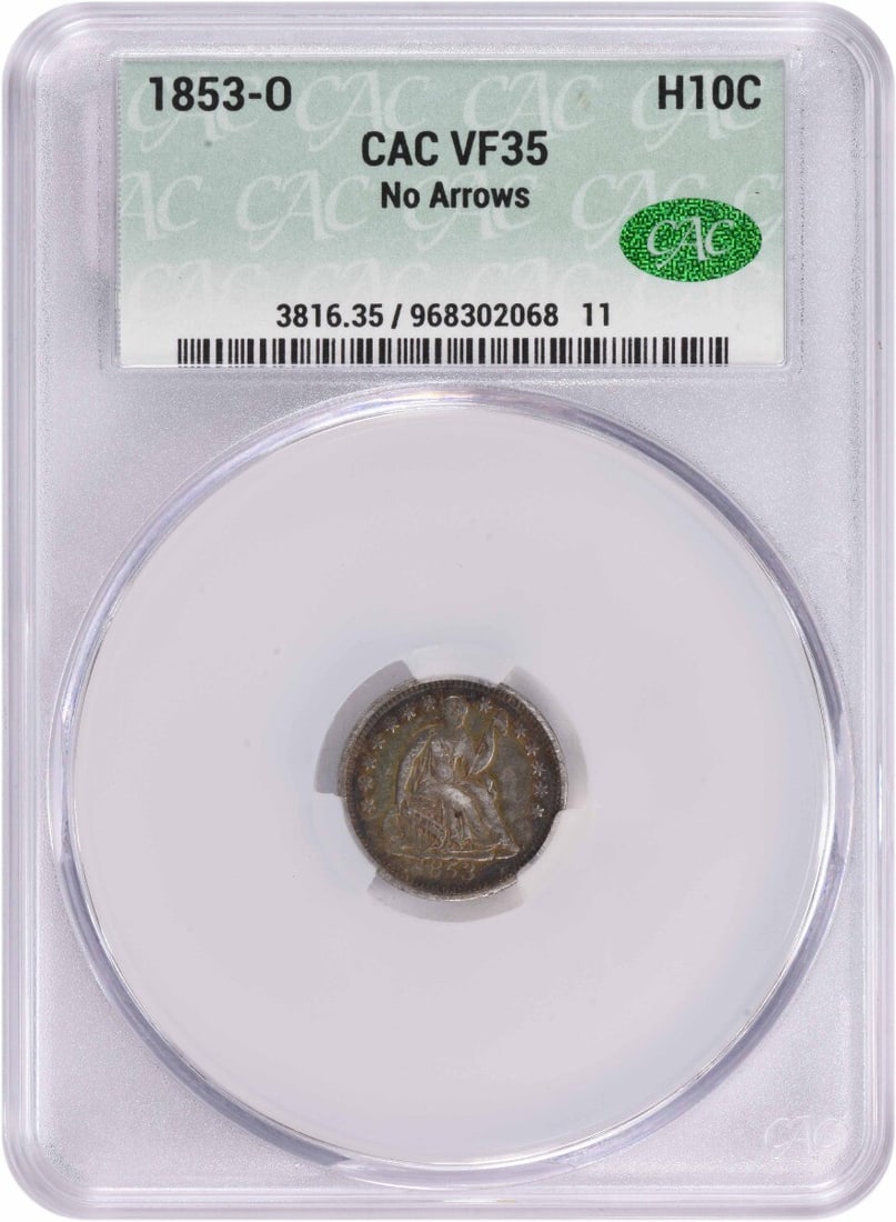 CACG 1853-O Liberty Seated Silver Half Dime No Arrows VF35: CACG 1853-O Liberty Seated Silver Half Dime No Arrows VF35 A rare and highly sought-after 1853-O Liberty Seated Silver Half Dime, graded VF35 by the CACG, boasts a unique blend of historical significa