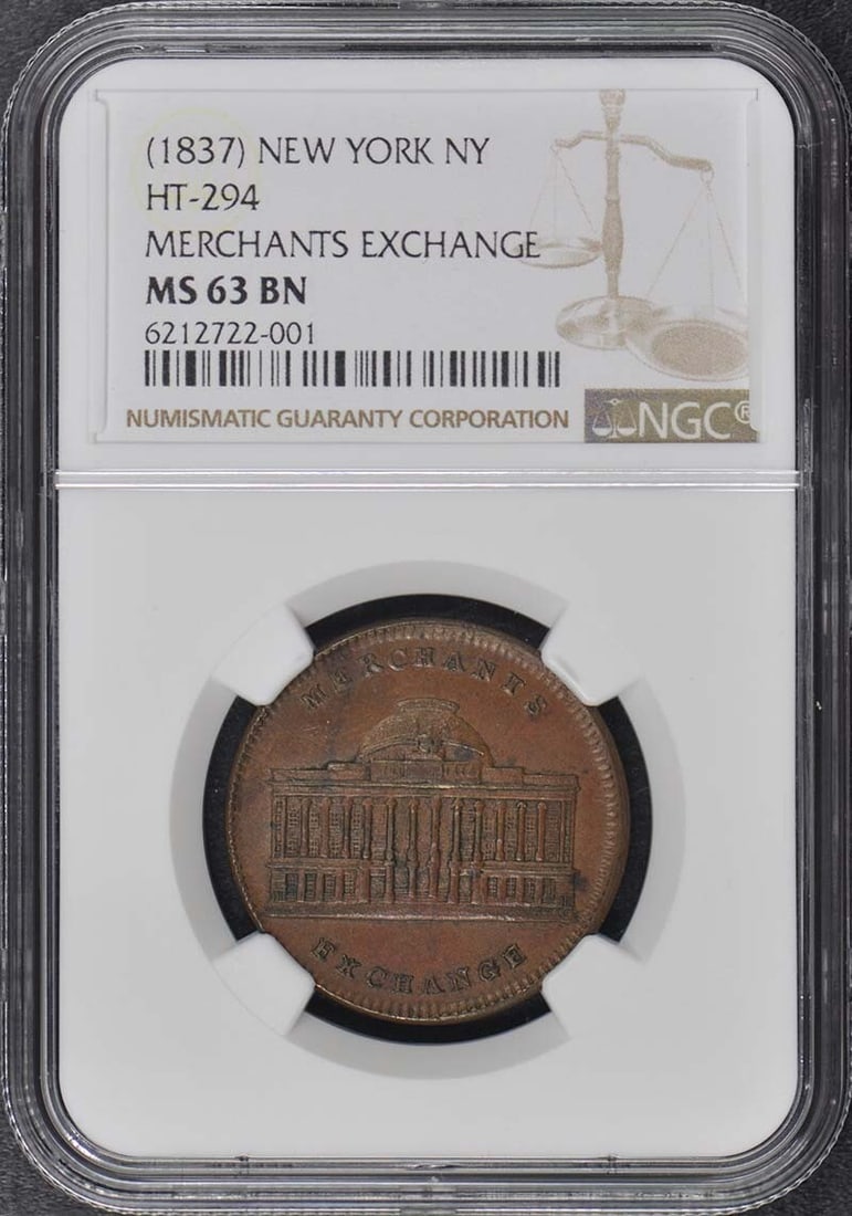 New York 1837 Hard Times Token MS63BN NY NGC Merchants Ex.: New York 1837 Hard Times Token MS63BN NY NGC Merchants Ex. Experience the rare opportunity to own an uncirculated 1837 Hard Times Token, certified MS63 by the NGC and graded BN (Brilliant New). Minted