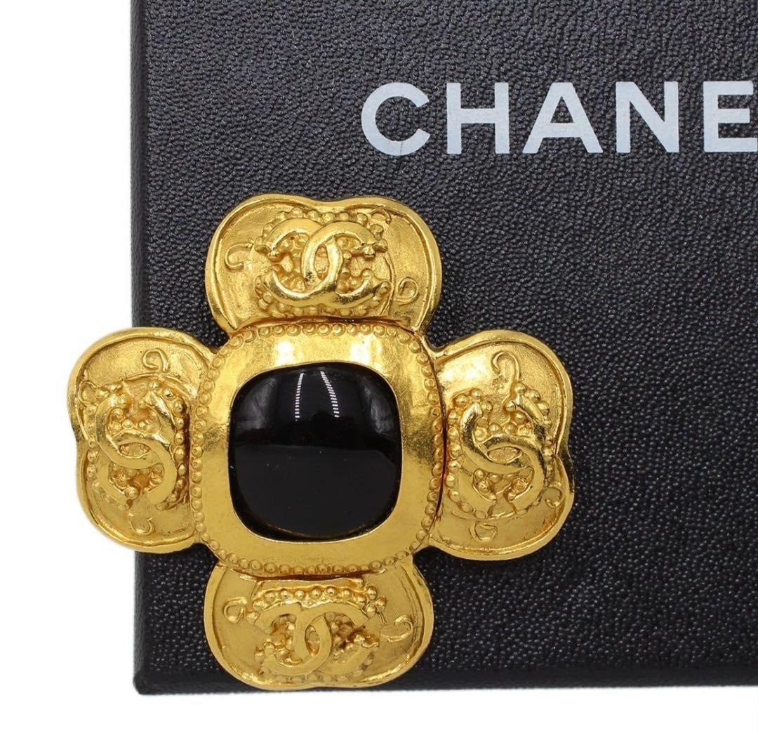Vintage Chanel 94A Coco Mark CC Black Stone Cross Pin Brooch in Original Box (1 of 8)