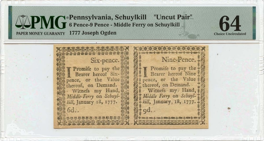 Pennsylvania Colonial Ogden Ferry Schuylkill 1777 6d-9d PMG CU64 Uncut Pair: Pennsylvania Colonial Ogden Ferry Schuylkill 1777 6d-9d PMG CU64 Uncut Pair Experience the rich history of the American Revolution with this rare and highly graded 1777 Pennsylvania Colonial Ogden Fer