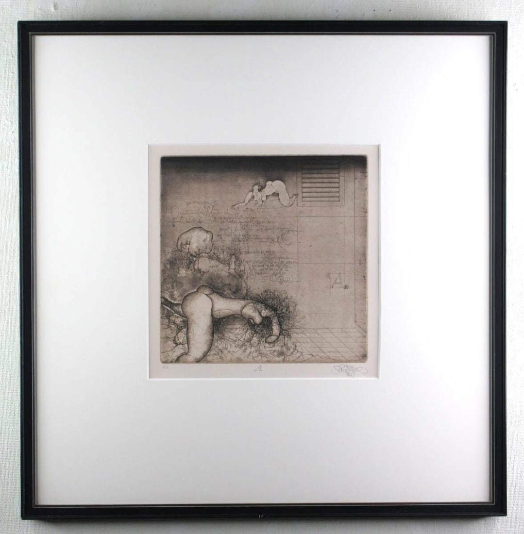 Framed Jorg Schmeisser 1972 Original Etching Print Pencil Singed: Framed Jorg Schmeisser 1972 Original Etching Print Pencil Singed A rare and unique piece of surrealist art, this 1972 etching print by Jorg Schmeisser is a true collector's gem. Signed by the artist h