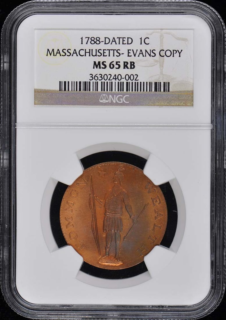 1788 Massachusetts Evans Copy 1C NGC MS65RB: 1788 Massachusetts Evans Copy 1C NGC MS65RB Experience the rich history of America with this exceptional 1788 Massachusetts Evans Copy 1C, graded MS65 by NGC and certified as uncirculated. As one of t