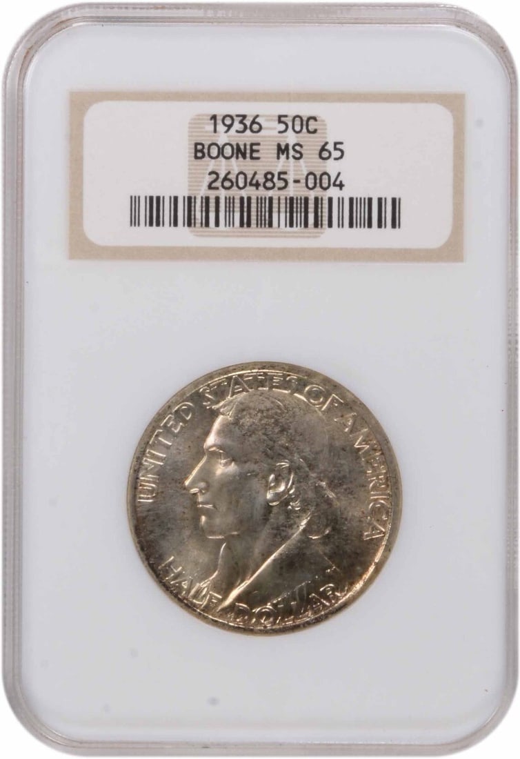 65 1936 Boone Commemorative Half MS65 NGC Mint State: 65 1936 Boone Commemorative Half MS65 NGC Mint State Rarity seekers, take note! This 1936 Boone Commemorative Half Dollar is a true gem, boasting an MS65 NGC Mint State grade and a mintage of just 12,