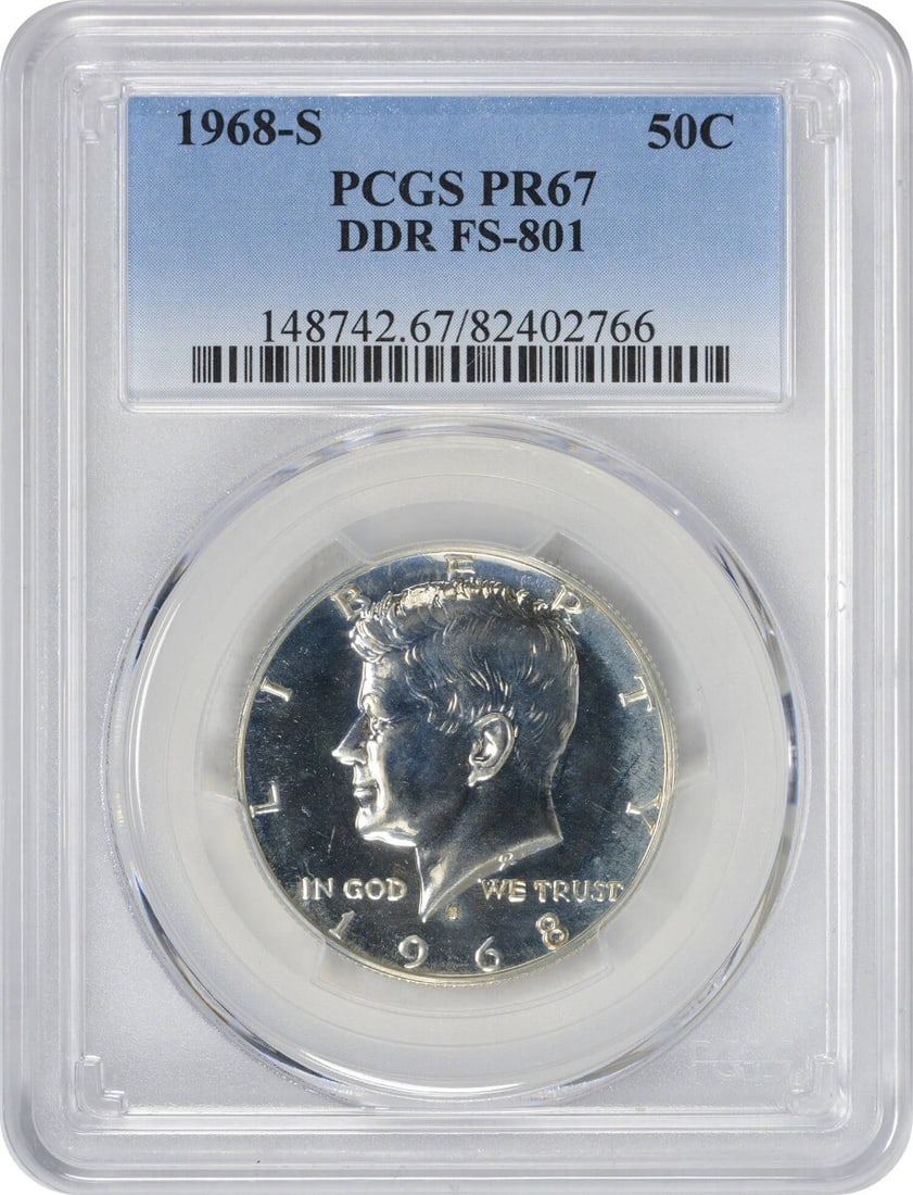 1968-S Kennedy Half Dollar DDR FS-801 PR67 PCGS: 1968-S Kennedy Half Dollar DDR FS-801 PR67 PCGS Experience the majesty of American numismatics with this stunning 1968-S Kennedy Half Dollar, graded PR67 by PCGS and certified as an FS-801 Proof coin.