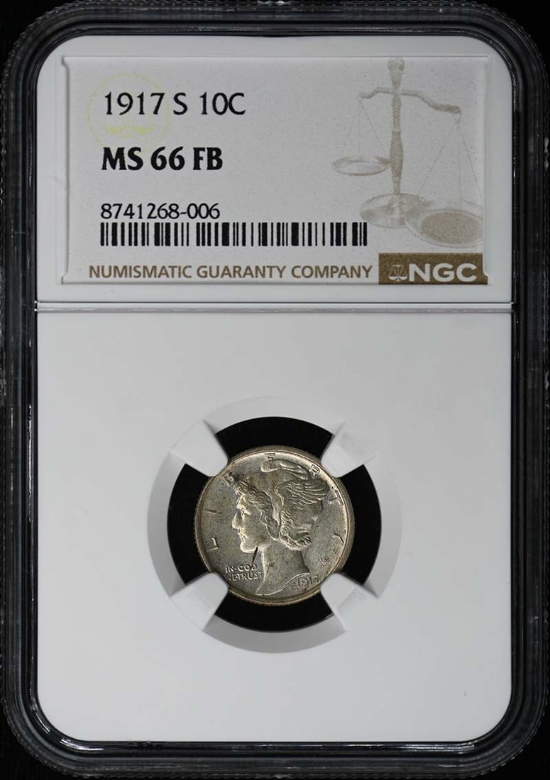 1917-S Mercury Dime 10c NGC MS66FB: 1917-S Mercury Dime 10c NGC MS66FB A rare and highly sought-after 1917-S Mercury Dime, graded MS66 by the NGC, boasts exceptional condition with a beautiful frosted cameo (FB) designation. As one of