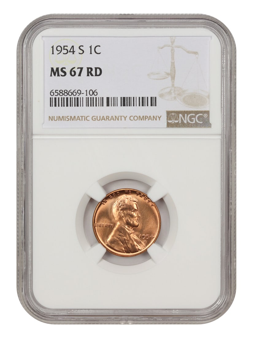 RD 1954-S 1c NGC MS67: RD 1954-S 1c NGC MS67 Experience the beauty of American currency with this stunning 1954-S Lincoln Cent, graded MS67 by the NGC. As one of the rarest and most highly sought-after coins in