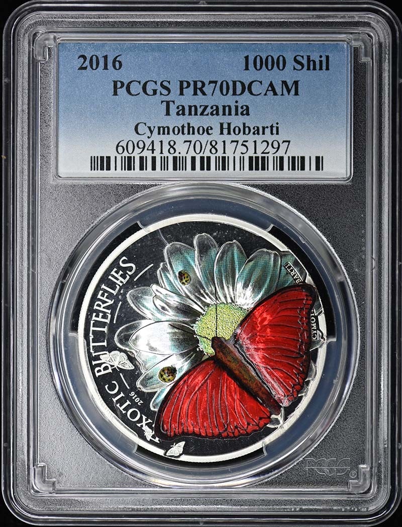 Tanzania 2016 1000 Shilling Cymothoe Hobarti PCGS PR70CAM: Tanzania 2016 1000 Shilling Cymothoe Hobarti PCGS PR70CAM Experience the vibrant colors and unique charm of Tanzania's 2016 Cymothoe Hobarti, certified by PCGS as PR70CAM. This stunning coin boasts a