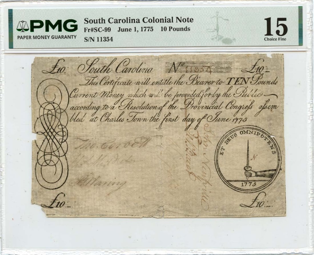 South Carolina Colonial Note (FR#SC-99) - June 1, 1775, $10 Large Size: South Carolina Colonial Note (FR#SC-99) - June 1, 1775, $10 Large Size Rarity seekers, take note! This 1775 South Carolina Colonial Note is one of the earliest and most elusive large-size notes from t
