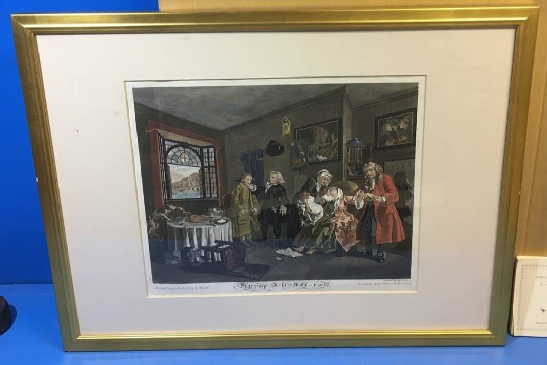 1745 William Hogarth Hand-Colored Engraving Marriage A-la-Mode Plate VI: 1745 William Hogarth Hand-Colored Engraving Marriage A-la-Mode Plate VI Experience the biting satire of William Hogarth, one of Britain's most iconic artists, in this exquisite 1745 hand-colored engra