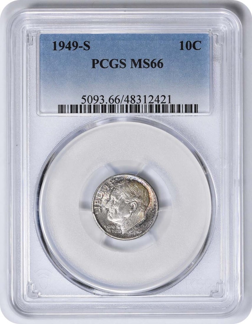 Toned 1949-S Roosevelt Silver Dime MS66 PCGS: Toned 1949-S Roosevelt Silver Dime MS66 PCGS Experience the beauty of American numismatics with this stunning 1949-S Roosevelt Silver Dime, graded MS66 by PCGS. With its crisp, uncirculated condition