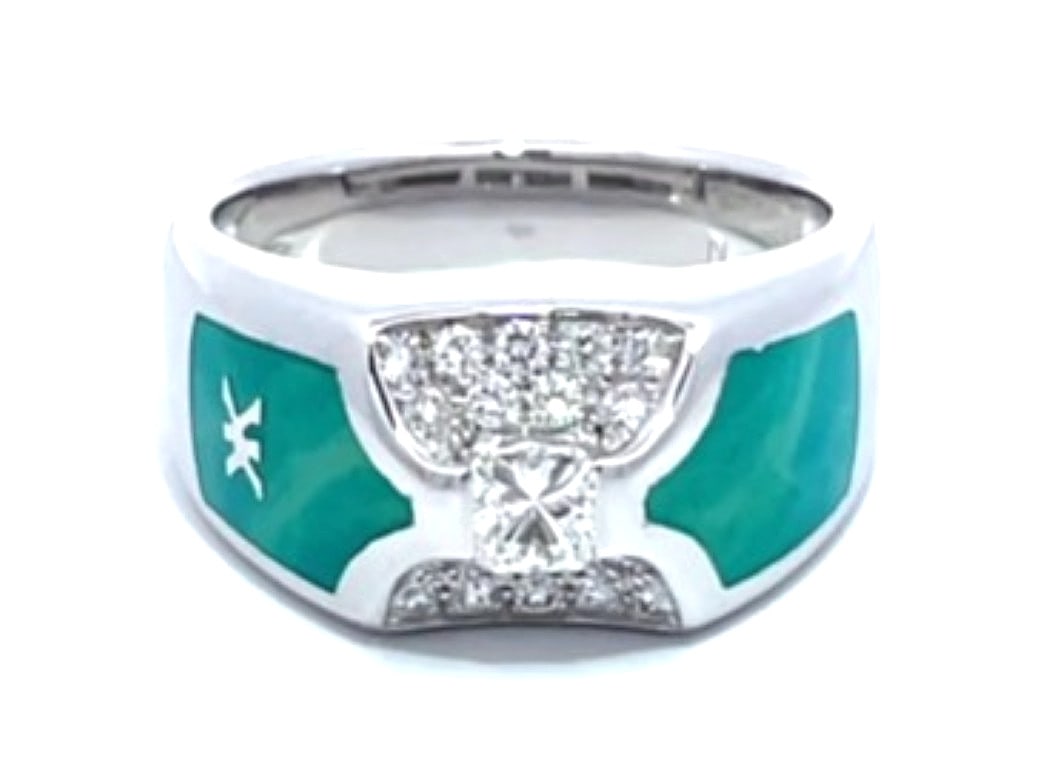 EU53.5 Korloff Diamond 18k White Gold Celadon Blue Green Enamel Wide Ring 6.75: EU53.5 Korloff Diamond 18k White Gold Celadon Blue Green Enamel Wide Ring 6.75 Elegant and sophisticated, the Korloff Diamond 18k White Gold Celadon Blue Green Enamel Wide Ring is a stunning anniversa