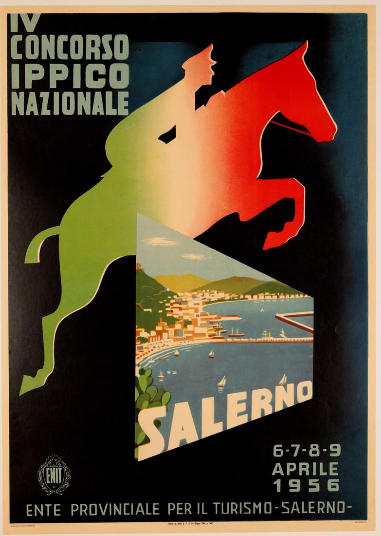 Print Equestrian Horse Show Jumping Vintage Italian 1956 Salerno Italy: Print Equestrian Horse Show Jumping Vintage Italian 1956 Salerno Italy Experience the beauty of vintage Italian art with this stunning print from 1956, showcasing a dramatic horse show jumping scene i