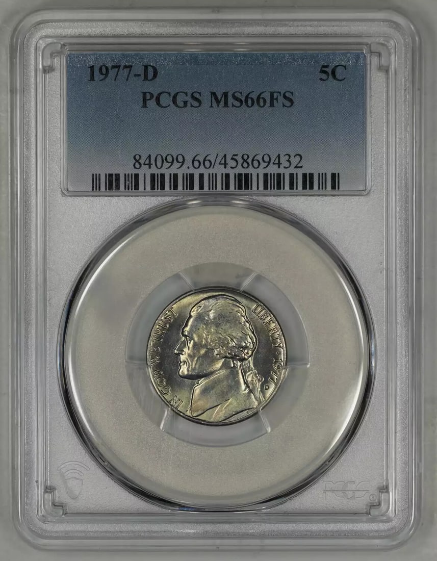 FULL STEPS (432) - 1977 D JEFFERSON NICKEL 5C PCGS CERTIFIED MS 66 FS MINT UNC: FULL STEPS (432) - 1977 D JEFFERSON NICKEL 5C PCGS CERTIFIED MS 66 FS MINT UNC Experience the beauty of a 1977 Jefferson Nickel, certified by PCGS as MS 66, with a stunning FS Mint Uncirculated finish