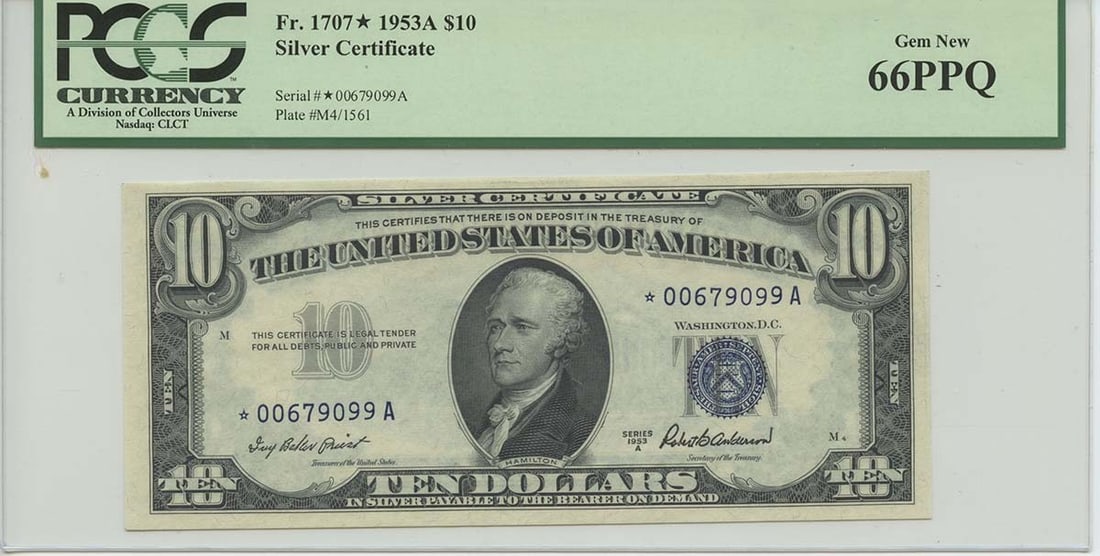 PPQ 1953A $10 Silver cert FR#1707* PCGS 66 Gem New: PPQ 1953A $10 Silver cert FR#1707* PCGS 66 Gem New A truly rare find, this 1953 $10 Silver Certificate is certified by PCGS as MS66 Gem New, with the coveted FR#1707* designation, indicating its excep