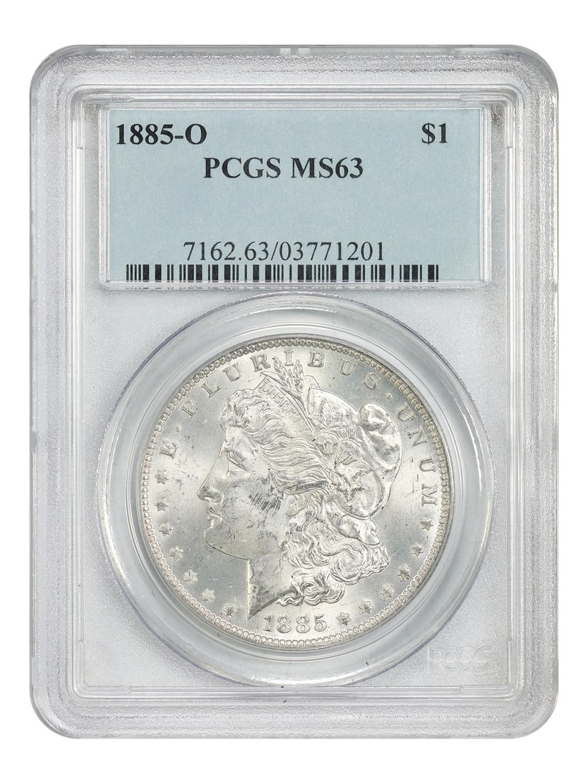 1885-O $1 MS63 PCGS Morgan Dollar: 1885-O $1 MS63 PCGS Morgan Dollar Experience the rich history of the American dollar with this 1885-O $1 MS63 Morgan Dollar, certified by PCGS and graded uncirculated. Minted in New Orleans during a t