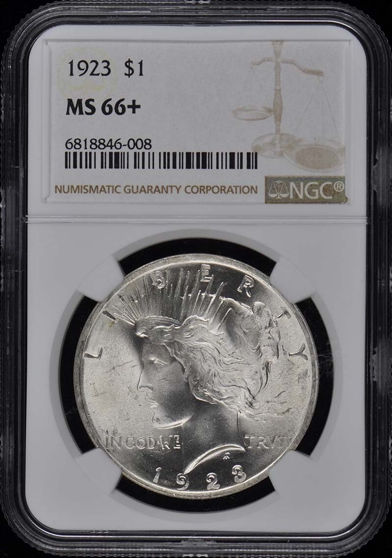 NGC MS66+ 1923 Peace Dollar $1: NGC MS66+ 1923 Peace Dollar $1 Experience the beauty of American numismatics with this stunning 1923 Peace Dollar, certified by NGC as MS66+, one of the highest grades for circulated coins. Minted in