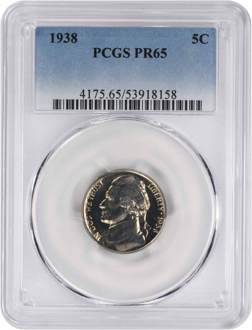 PR65 PCGS Jefferson Nickel (1938): PR65 PCGS Jefferson Nickel (1938) A rare and highly sought-after Jefferson Nickel from 1938, graded PR65 by the PCGS, boasts exceptional condition with minimal wear. This uncirculated coin is a stunni