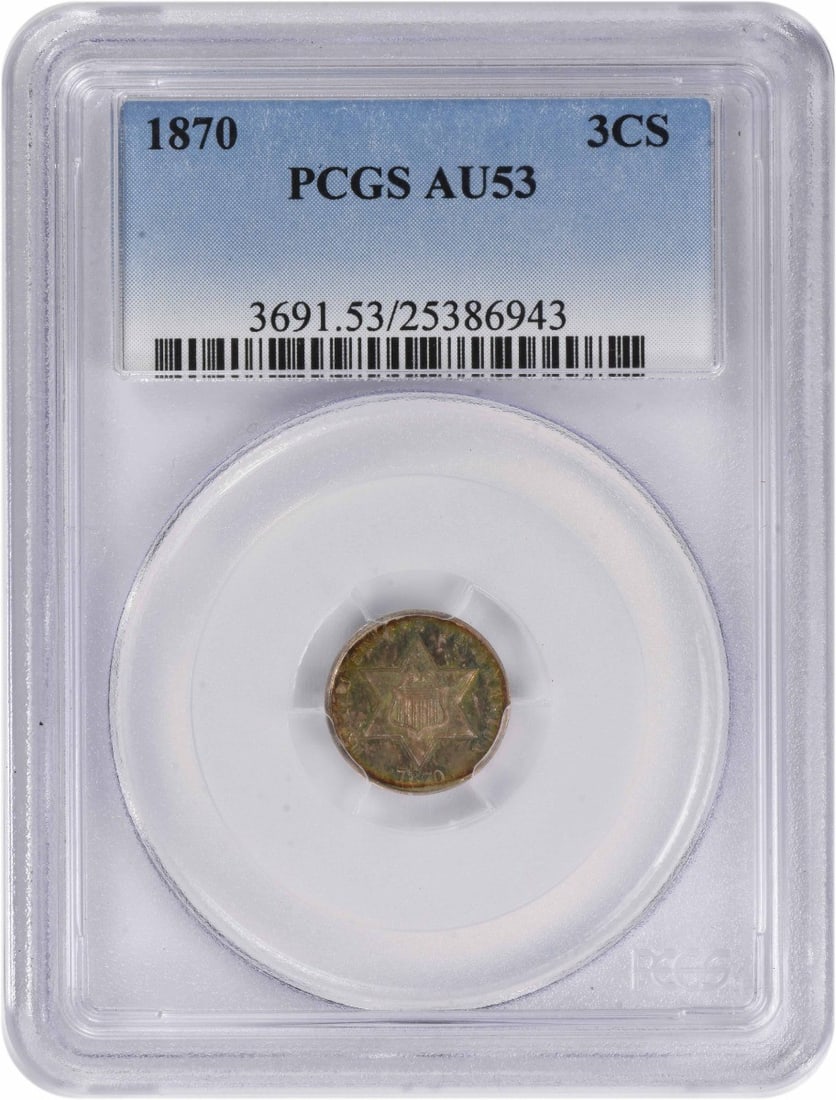 PCGS 1870 Three Cent Silver AU53: PCGS 1870 Three Cent Silver AU53 A rare and historic Three Cent Silver coin from 1870, graded AU53 by PCGS, this circulated piece is a testament to the enduring legacy of James Barton Longacre's desig
