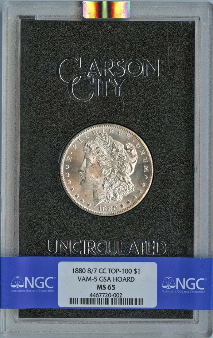 MS65 1880 8/ 7-CC TOP-100 Morgan Dollar VAM-5 GSA HOARD S$1 NGC: MS65 1880 8/ 7-CC TOP-100 Morgan Dollar VAM-5 GSA HOARD S$1 NGC Experience the rare beauty of the 1880 Morgan Dollar, graded MS65 by NGC and certified as VAM-5, one of the most sought-after varieties