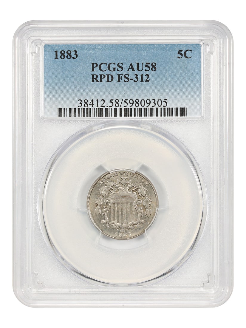 Shield Nickel 1883 5C PCGS AU58 (RPD, FS-312): Shield Nickel 1883 5C PCGS AU58 (RPD, FS-312) A rare and highly sought-after Shield Nickel from 1883, graded AU58 by PCGS, is up for auction. This circulated coin boasts a high grade, making it a priz