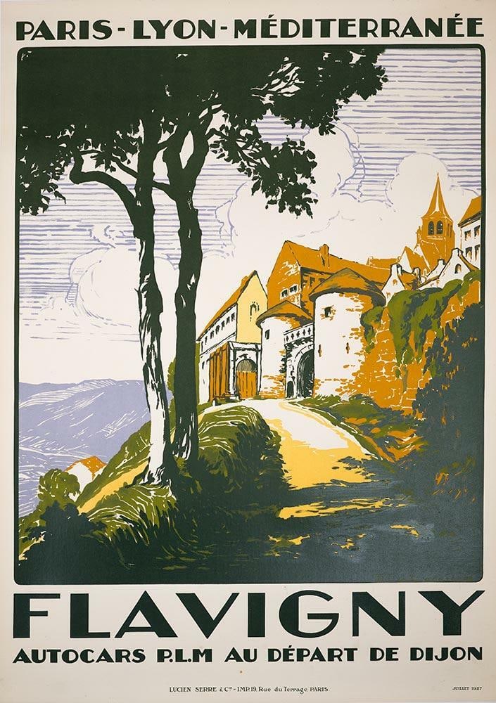 Flavigny Julien Lacaze Autocars for Medieval Castles (PLM 1927): Flavigny Julien Lacaze Autocars for Medieval Castles (PLM 1927) Experience the charm of medieval travel with the Flavigny Julien Lacaze Autocars poster, created in 1927 by renowned artist Lacaze Julie