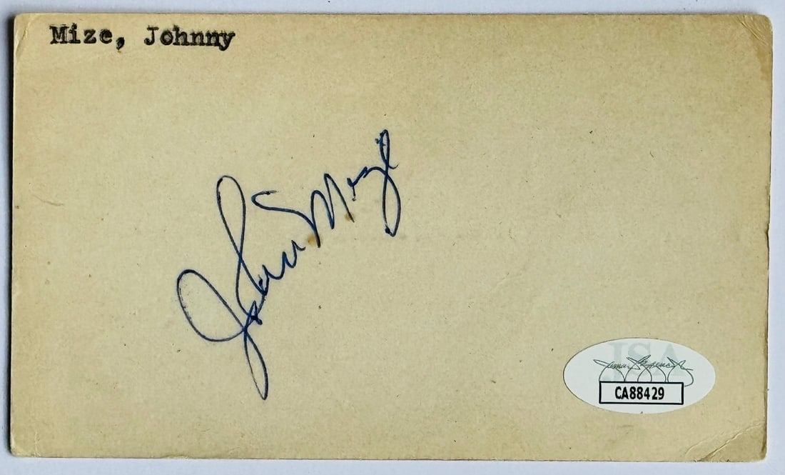 (JSA) Johnny Mize Autographed 3x5 Index Card: (JSA) Johnny Mize Autographed 3x5 Index Card A rare opportunity to own a piece of baseball history, this JSA authenticated 3x5 index card is signed by legendary slugger Johnny Mize in blue ink. A