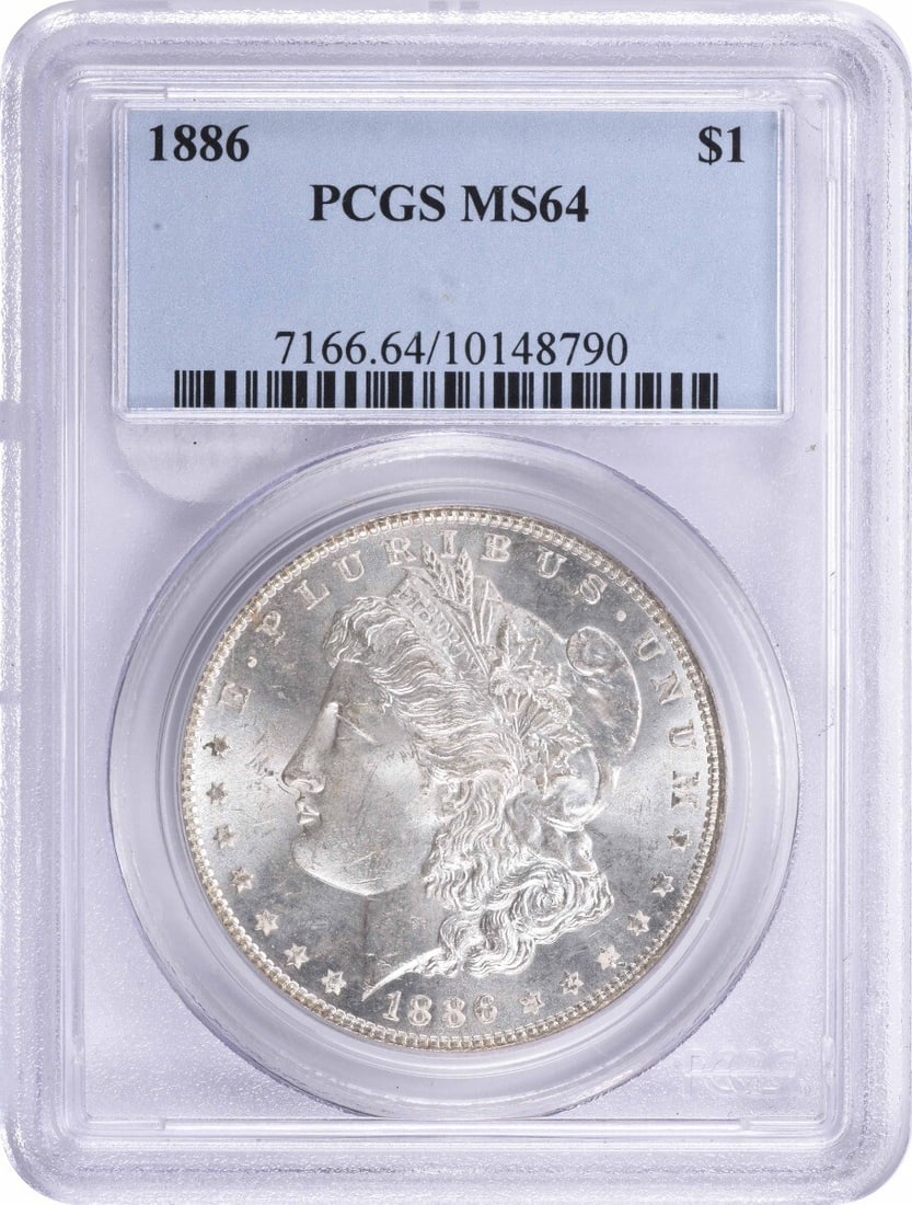 Morgan Silver Dollar MS64 PCGS: Morgan Silver Dollar MS64 PCGS Experience the majesty of American numismatics with this stunning 1886 Morgan Silver Dollar, graded MS64 by PCGS. With its rich silver composition and reeded edge, this