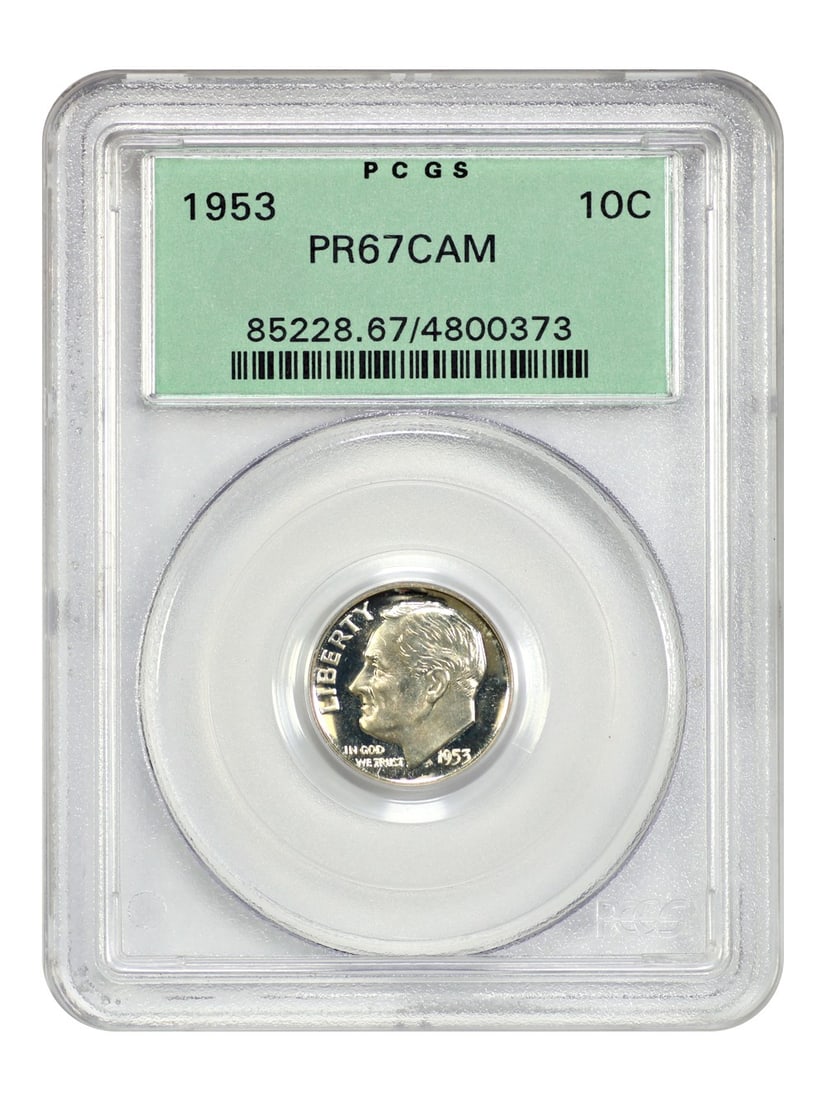 1953 10C PCGS PR67CAM (OGH) - Roosevelt Dime Old Green Label Holder: 1953 10C PCGS PR67CAM (OGH) - Roosevelt Dime Old Green Label Holder A true numismatic treasure, this 1953 Roosevelt dime boasts an impressive PCGS PR67CAM grade, indicating exceptional condition and r