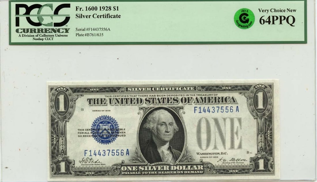 1928 $1 Silver Certificate, FR#1600, PCGS CU64 PPQ, GCC Green: 1928 $1 Silver Certificate, FR#1600, PCGS CU64 PPQ, GCC Green Rarity seekers, take note! This 1928 $1 Silver Certificate is a true gem, certified by PCGS as MS64 Circulated/Uncirculated and graded PPQ