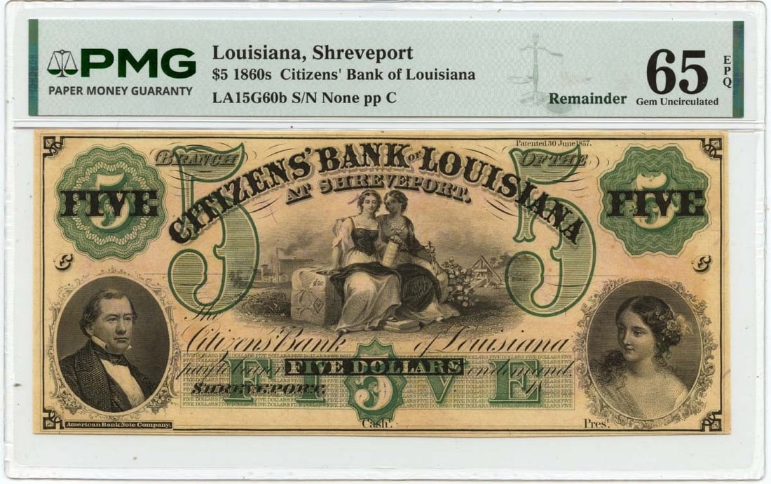 Louisiana Obsolete Note Citizens Bank PMG GEM 65 EPQ - 1860s $5 Shreveport: Louisiana Obsolete Note Citizens Bank PMG GEM 65 EPQ - 1860s $5 Shreveport A rare gem from the 19th century, this 1860s $5 Shreveport note is a true treasure for collectors of Louisiana obsolete curre