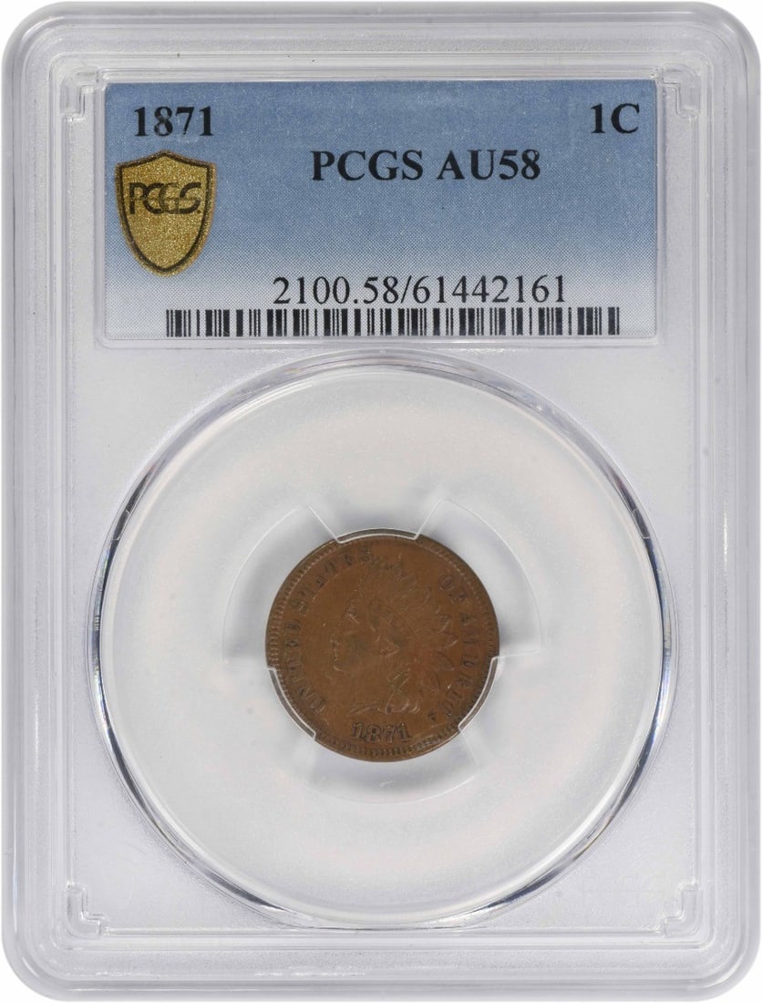 PCGS 1871 Indian Cent AU58: PCGS 1871 Indian Cent AU58 A rare and highly sought-after 1871 Indian Head Cent, graded AU58 by PCGS, boasts an impressive mintage of over 3.9 million coins from the Philadelphia mint. With its unique