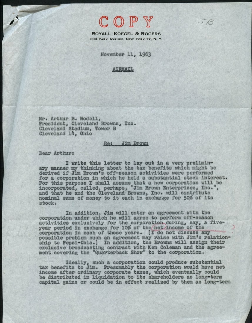 1963 letter to Art Modell Re: Jim Brown off season interests 144998 - November 11: 1963 letter to Art Modell Re: Jim Brown off season interests 144998 - November 11 Get ready to step into the world of 1960s football with this rare and unique letter from Art Modell to Jim Brown, one