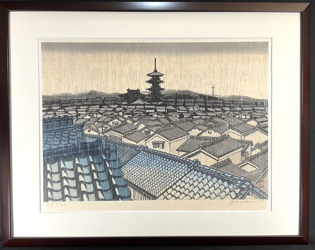 Rare Junichiro Sekino Toji Temple White Rain Woodblock Print Hand Signed Large: Rare Junichiro Sekino Toji Temple White Rain Woodblock Print Hand Signed Large Experience the serene beauty of Japan with this stunning Toji Temple white rain woodblock print, hand signed by renowned