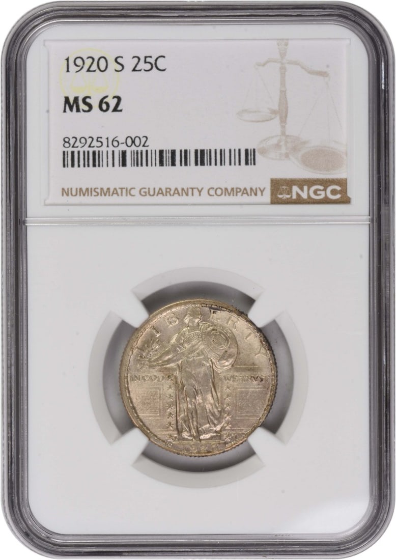 NGC 1920-S Standing Liberty Silver Quarter MS62: NGC 1920-S Standing Liberty Silver Quarter MS62 A stunning example of the Standing Liberty quarter, this 1920-S MS62 coin boasts its original silver content and crisp NGC grading, making it a rare fin