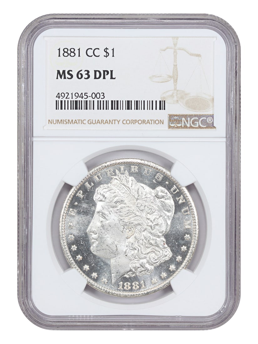 1881-CC Morgan Dollar MS63DMPL NGC: 1881-CC Morgan Dollar MS63DMPL NGC Experience the beauty of the 1881-CC Morgan Dollar, graded MS63DMPL by the NGC, with its striking design and exceptional condition. This uncirculated coin boasts a r